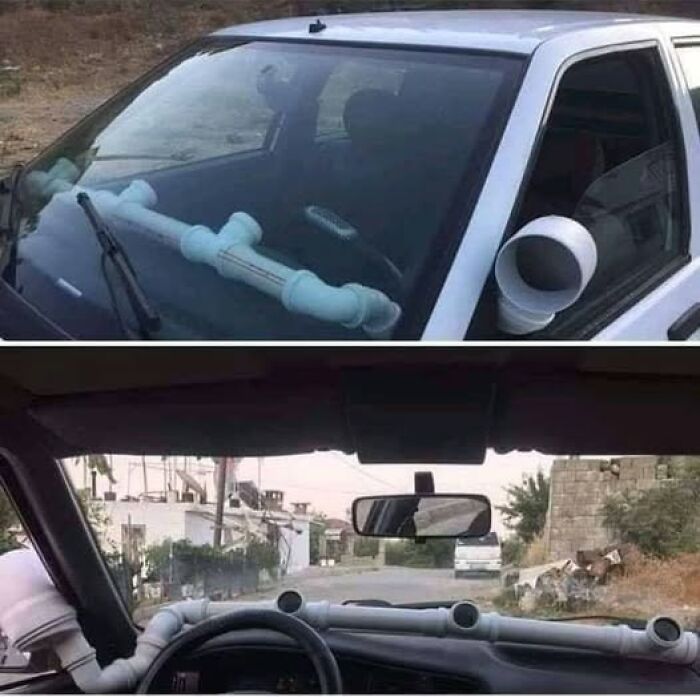 Car with pipes as a dashboard, illustrating a unique and weird image concept.