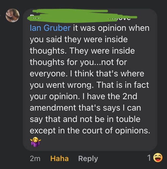 Comment screenshot of someone incorrectly correcting another’s opinion on social media.