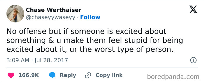 Tweet about respecting others' excitement, featured in a collection of random memes to boost dopamine and lighten the mood.