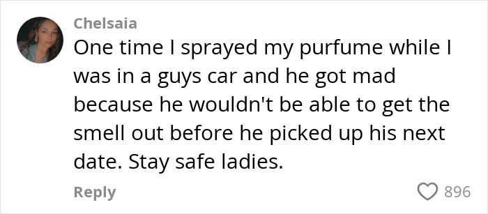 Comment from a woman about using perfume as a trick to detect cheating on dates, with 896 likes below. Comment from a woman about using perfume as a trick to detect cheating on dates, with 896 likes below.