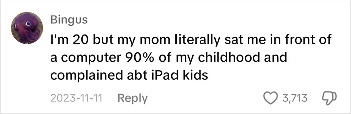 Comment highlighting the irony of complaining about iPad kids while raising a child on computers.