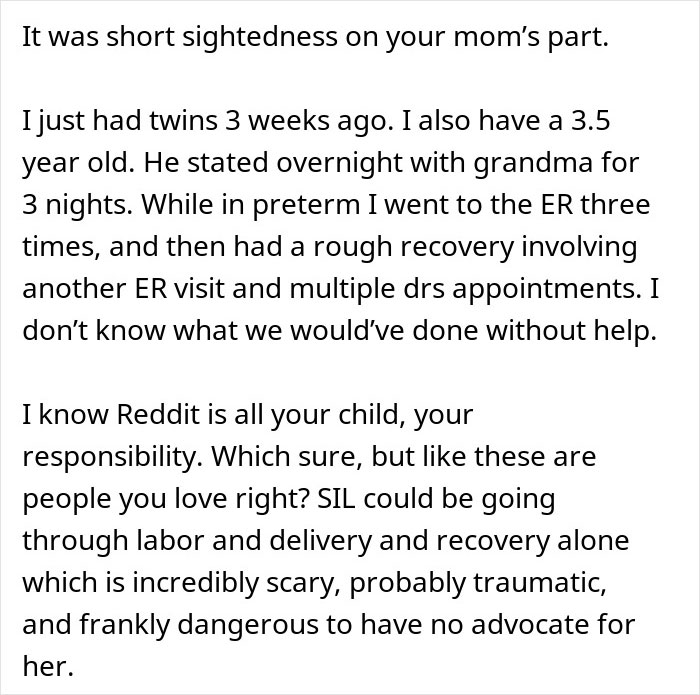 Text discussing a mom refusing to cancel her cruise despite potential early birth of her daughter-in-law.