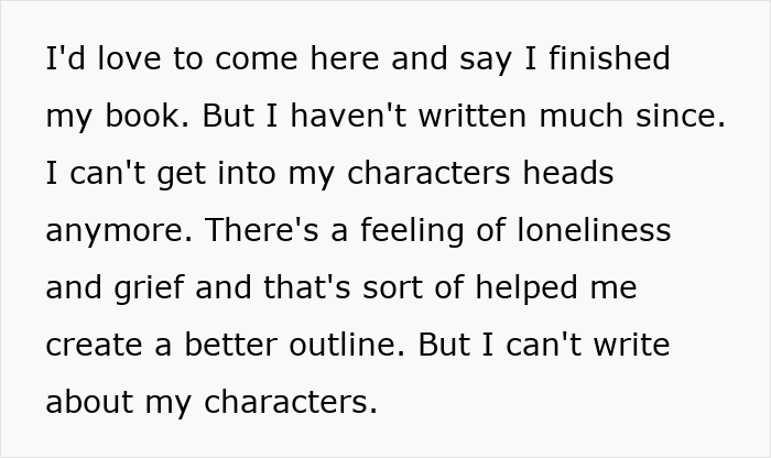 Text expressing frustration and loneliness in novel planning process.