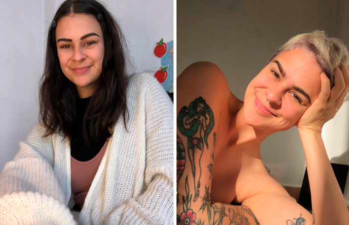 Woman with long brown hair before and short blonde hair after, showcasing a daring haircut change.