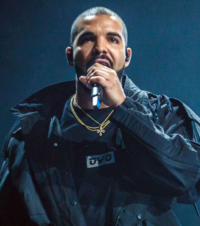 A singer in a dark jacket and gold chains holds a microphone during a live performance.