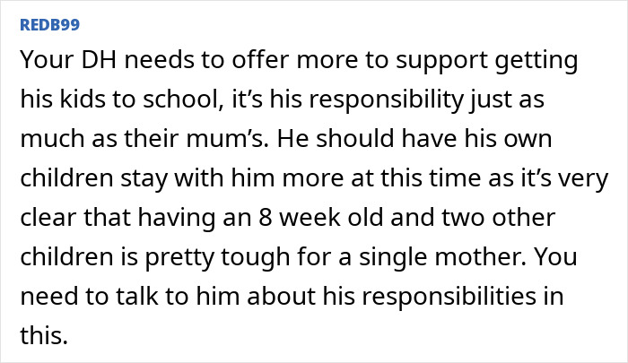 Text image discussing husband's responsibilities toward his kids, mentioning challenges faced by a mother with a new baby.