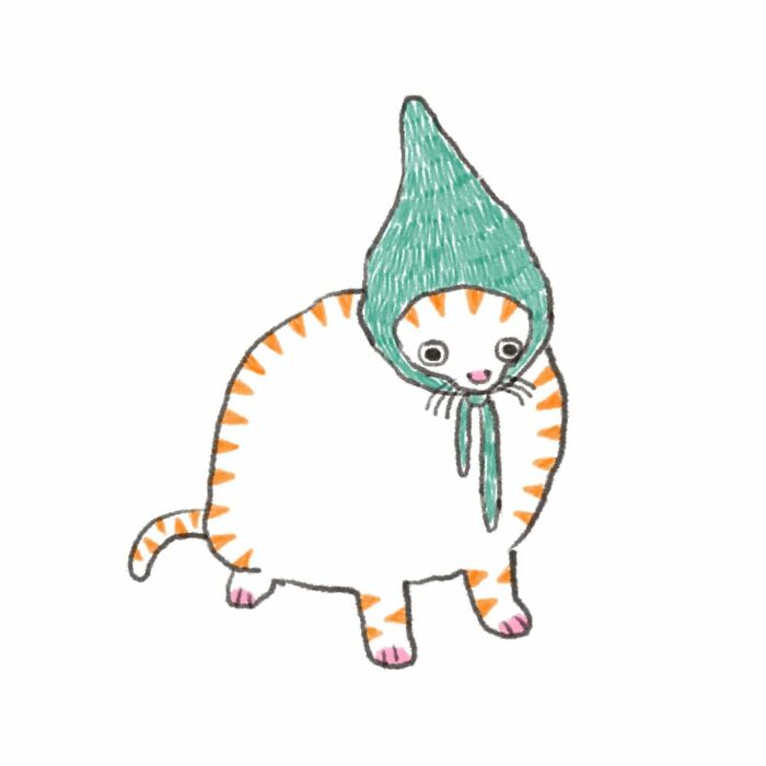 Illustration of a round cat with orange stripes, wearing a green hat, by a tattoo artist.