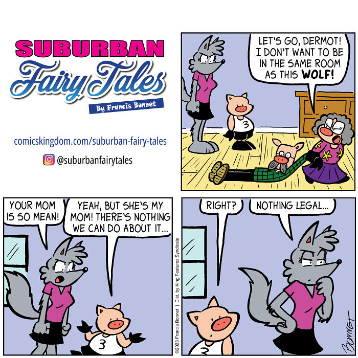 Comic strip depicting relationship disasters from a pig's perspective featuring a wolf and pig arguing indoors.