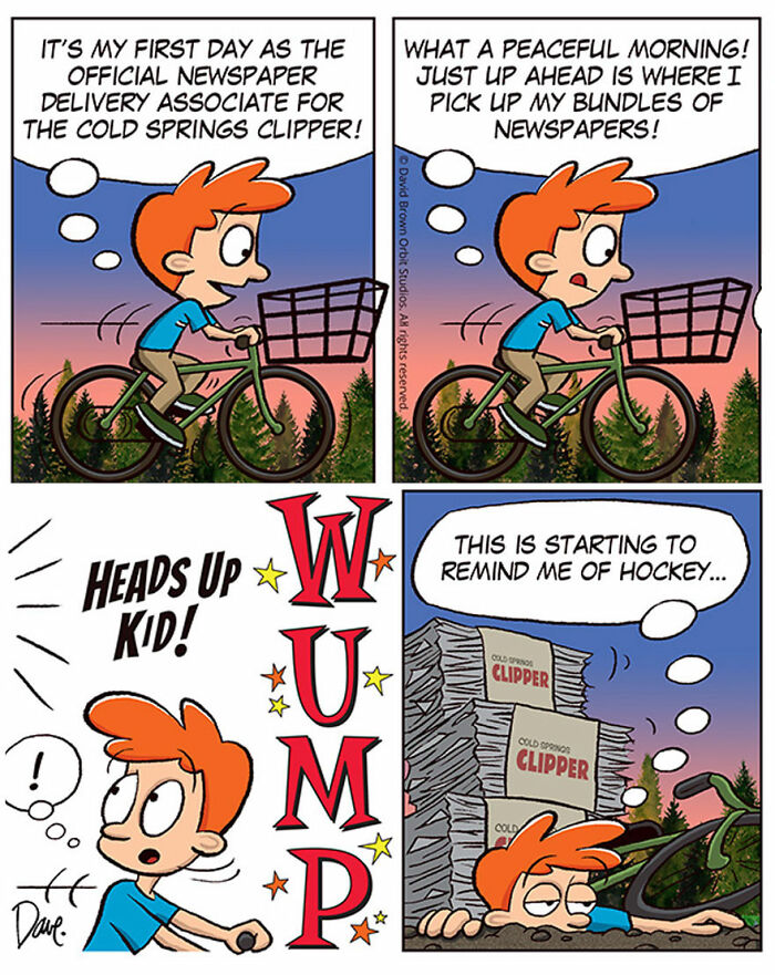 Comic strip of Planey Joey delivering newspapers, riding a bike, and hitting a stack of papers, thinking it feels like hockey.