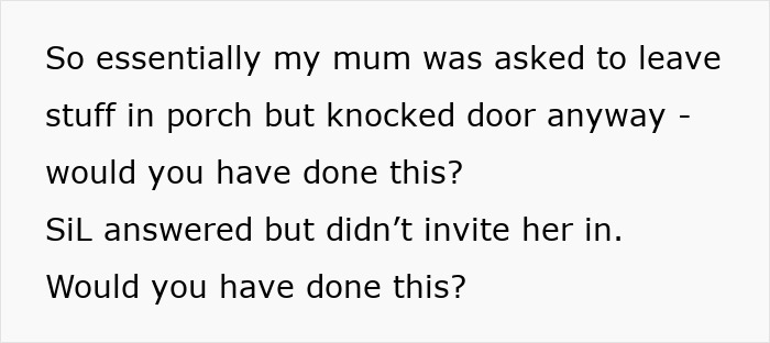 Text message discussing mother-in-law's unannounced visit and daughter-in-law's reaction. Text message discussing mother-in-law's unannounced visit and daughter-in-law's reaction.