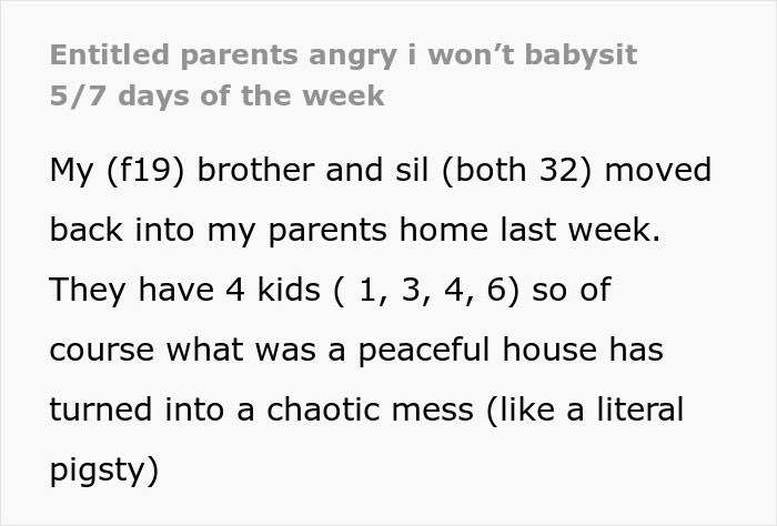 Text about parents expecting their daughter to babysit, causing family tension.