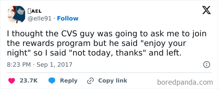 Funny random meme tweet about an awkward interaction, aimed to help your brain pump out some dopamine.