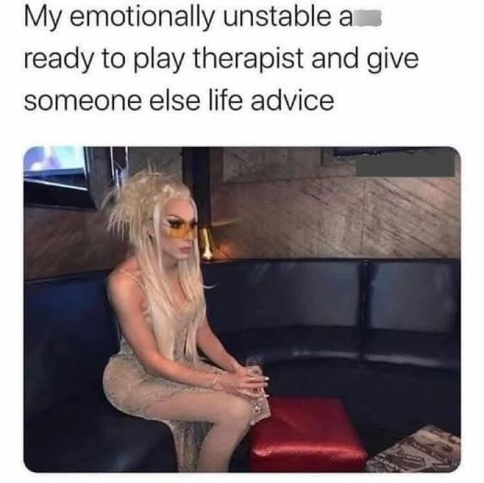 Person in glamorous attire seated, showcasing mental health meme humor.