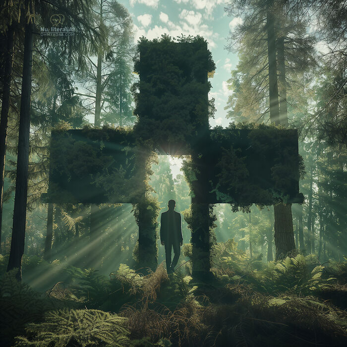 A person standing in a sunlit forest, with a large moss-covered cross structure, exploring mysterious native idioms.
