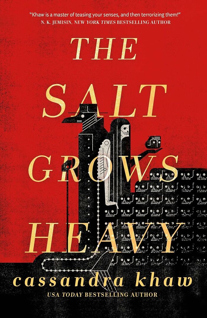 Cover of "The Salt Grows Heavy" by Cassandra Khaw, featuring abstract black and white figures on a red background.