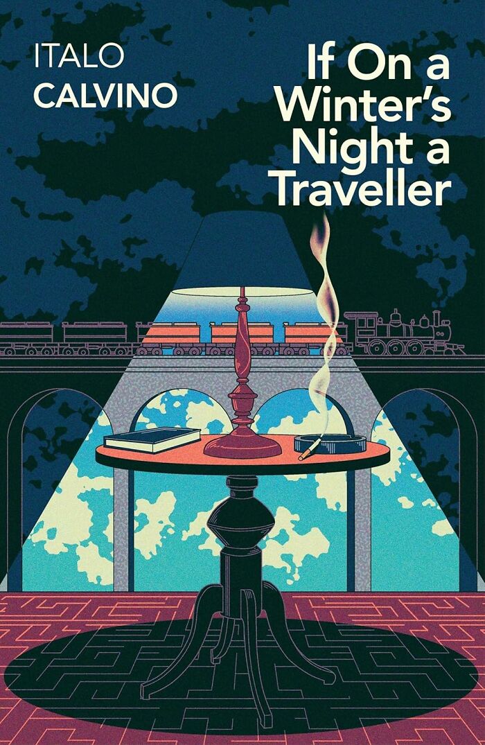 Book cover for "If On a Winter's Night a Traveller" by Italo Calvino, featuring a train crossing a bridge with a lamp-lit table.