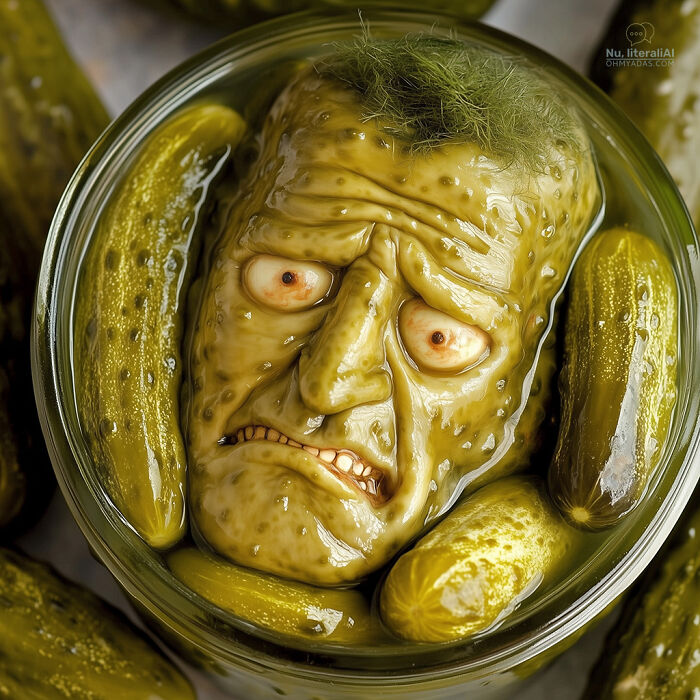 Pickle jar with funny face, highlighting humorous interpretations of Lithuanian idioms.