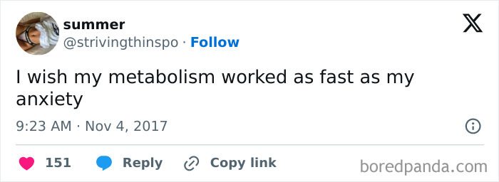 Text meme humorously comparing fast anxiety to slow metabolism.