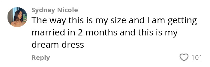 Comment by Sydney Nicole about a perfect wedding dress from a thrift store, gaining 101 likes.