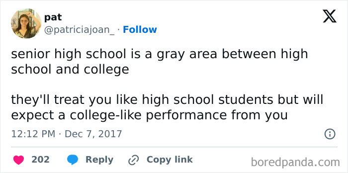 Tweet by patricjajoan about unhinged high school experience expecting college-like performance.