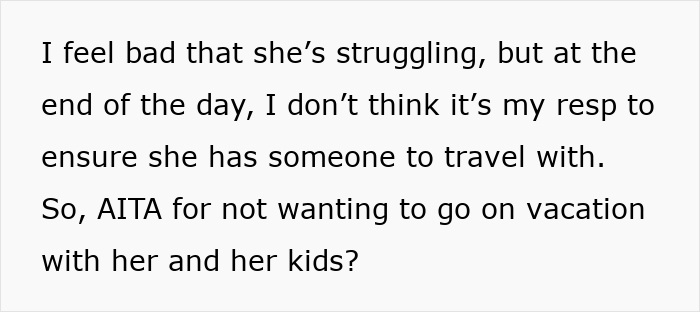 Text discussing guilt over child-free vacation plans with a single mom.