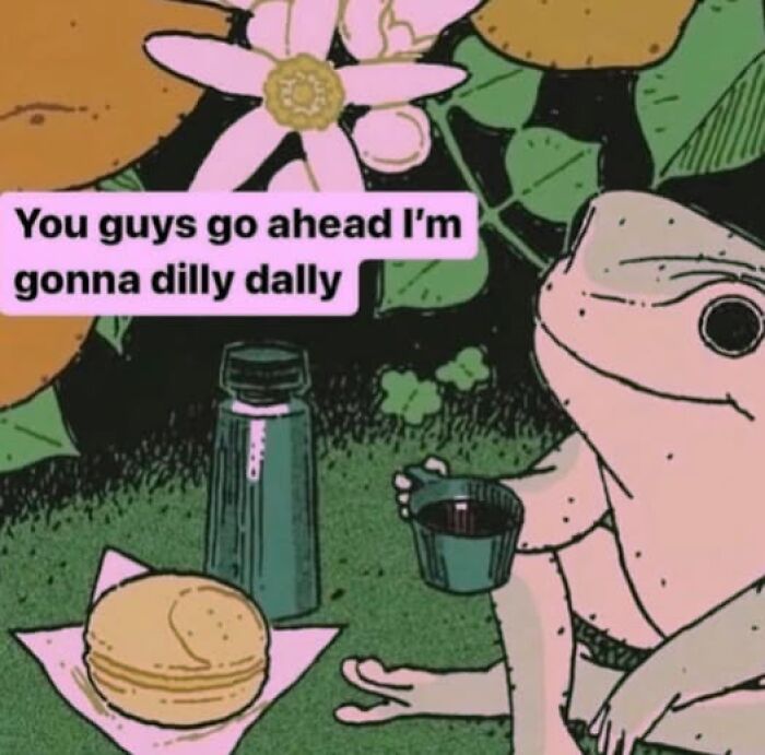 Frog holding a cup, sitting with snacks, surrounded by plants. Text reads: "You guys go ahead I'm gonna dilly dally." Mental health meme.