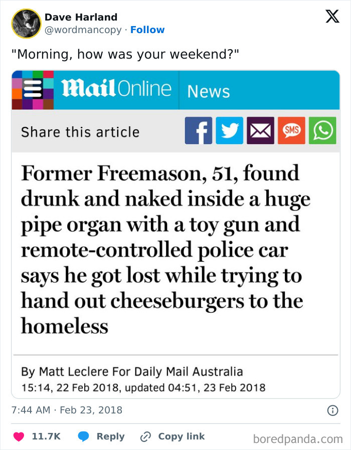 Screenshot of a MailOnline article with a bizarre and hilarious news headline.