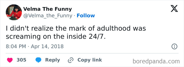 Tweet by Velma The Funny about the humorous realization of adulthood's internal struggles.