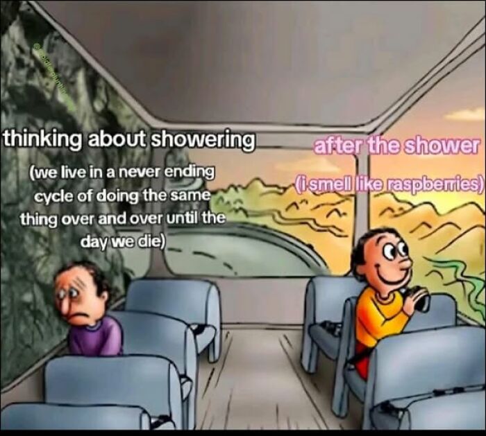 Two contrasting mental health memes: one person in anguish, one joyful after showering, on a bus.