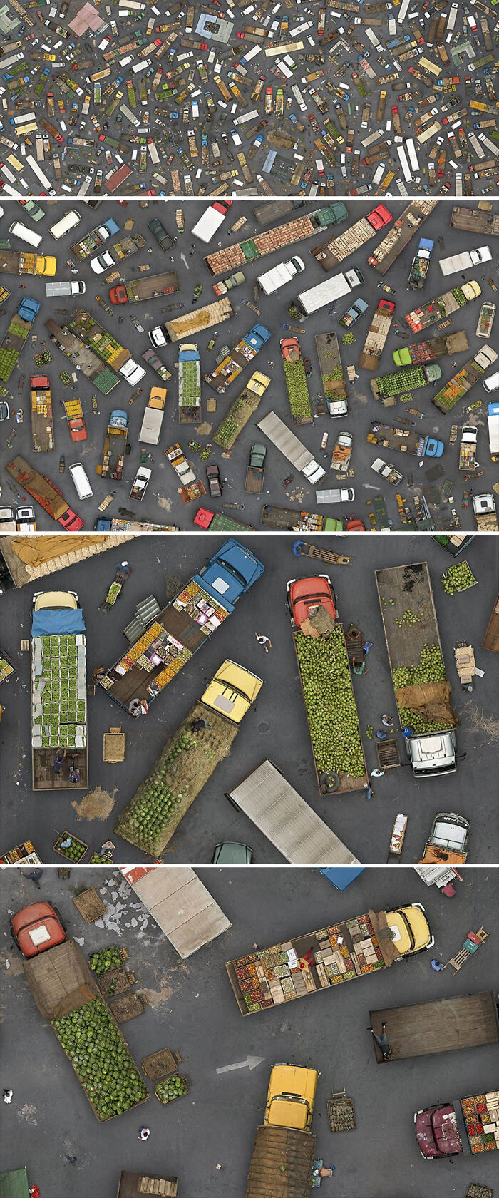 Aerial photo by Cássio Vasconcellos showing a busy marketplace with numerous colorful trucks and goods.