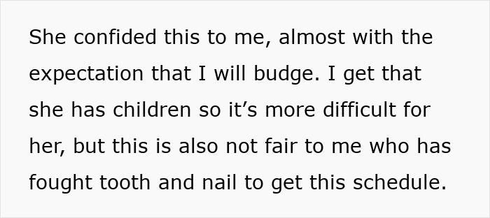 Text on a personal conflict at work over a graveyard shift schedule.