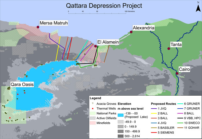 Map of the Qattara Depression, highlighting Weird Government Projects with proposed routes and elevations.