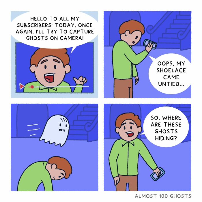 Comic showing a person attempting to capture ghosts on camera, with a ghost unnoticed in the background.