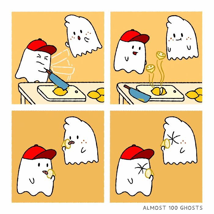 Ghosts in a comic strip having fun with lemons, illustrating the funny side of the afterlife.