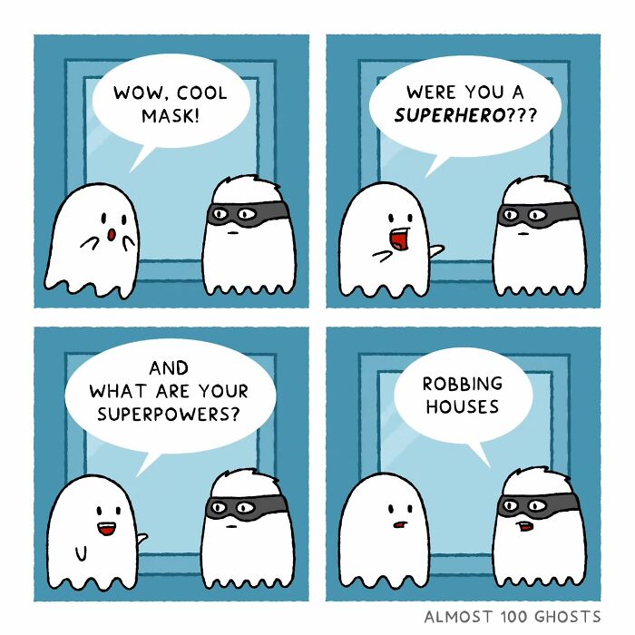 Ghost comic showing the funny side of the afterlife with two ghosts in conversation about superpowers.