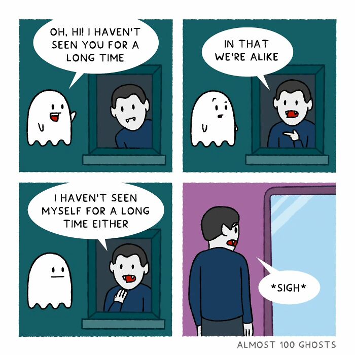 Comic showing a ghost and a man talking humorously about seeing each other in the afterlife.