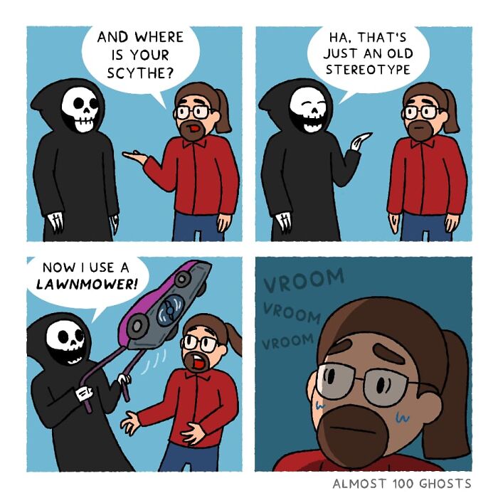 Comic of Grim Reaper joking about using a lawnmower instead of a scythe, highlighting the funny side of the afterlife.