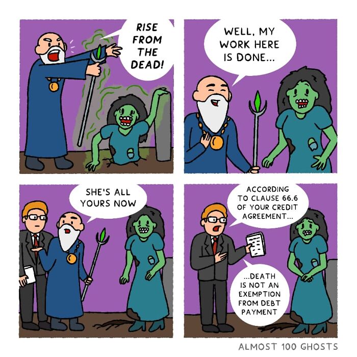 Comic showing funny side of the afterlife with characters discussing debt after resurrection.