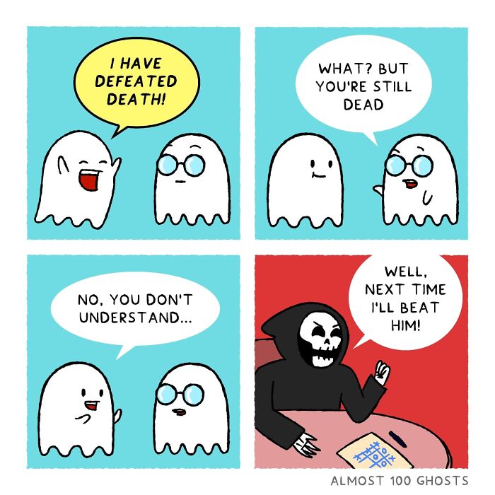 Comical afterlife scene with ghosts and the Grim Reaper, featuring a humorous conversation about defeating death.