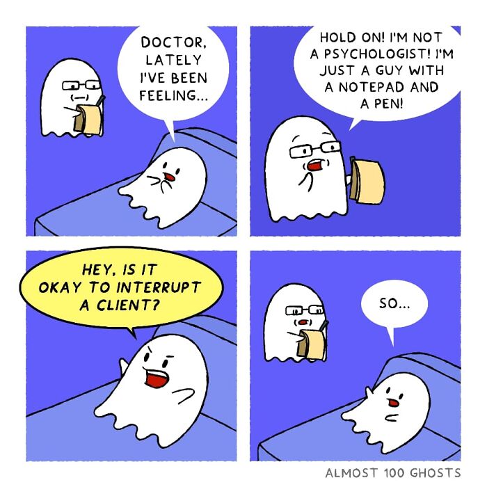 Adorable comic of ghosts discussing therapy in the afterlife, with humor and a notepad involved.