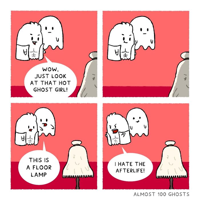 Comics showing funny side of afterlife with two ghost characters talking about a floor lamp.