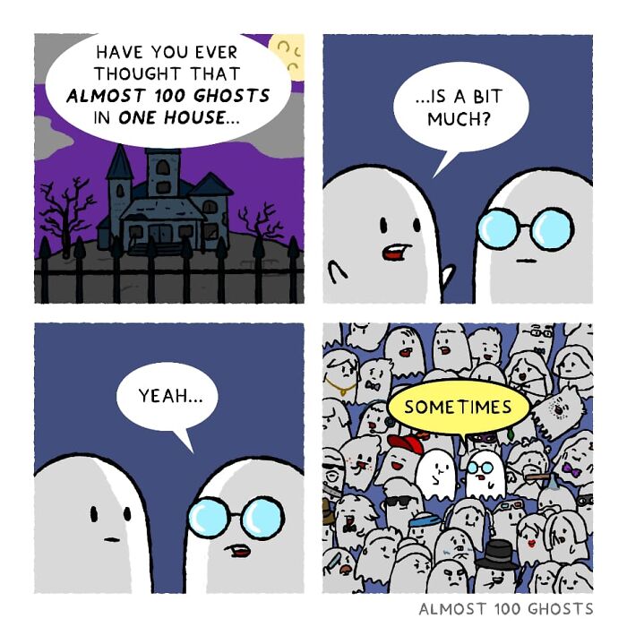 Adorable comic of ghosts humorously discussing the afterlife, featuring almost 100 unique ghostly figures.