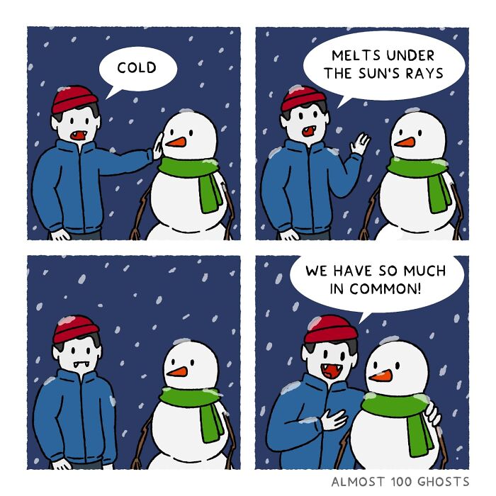 Adorable comic of a snowman and a person finding common ground, illustrating the funny side of the afterlife.