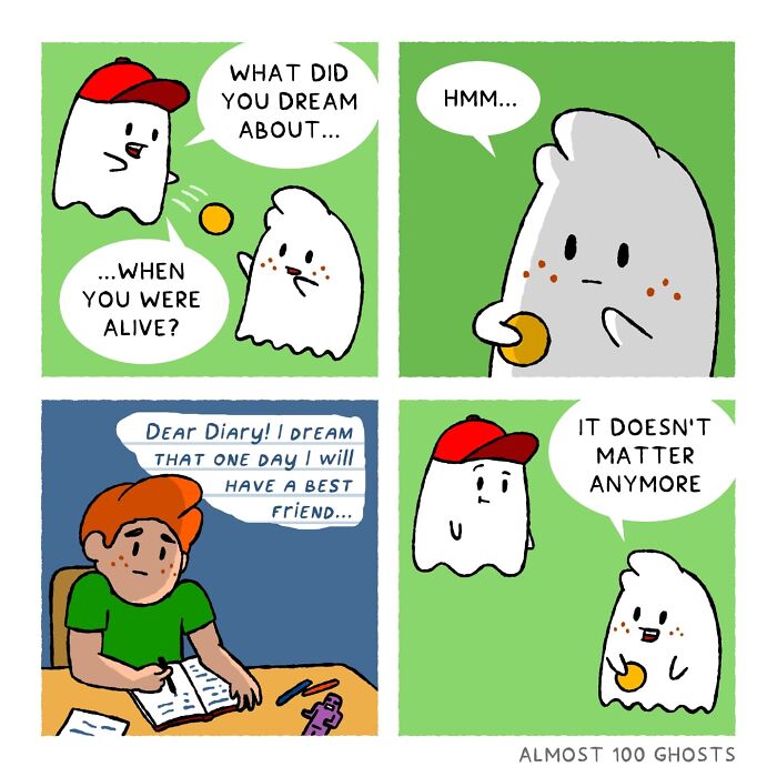 Adorable comic showing a humorous take on the afterlife, featuring two ghost characters discussing past dreams.