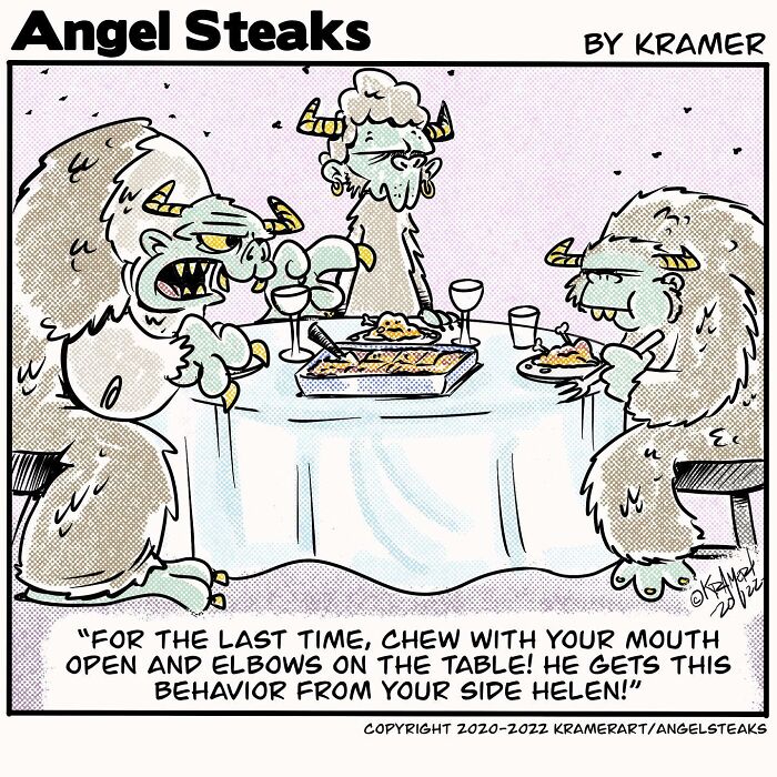 Monsters at a dinner table with humorous dialogue about table manners, illustrating positive humor in a single-panel comic.
