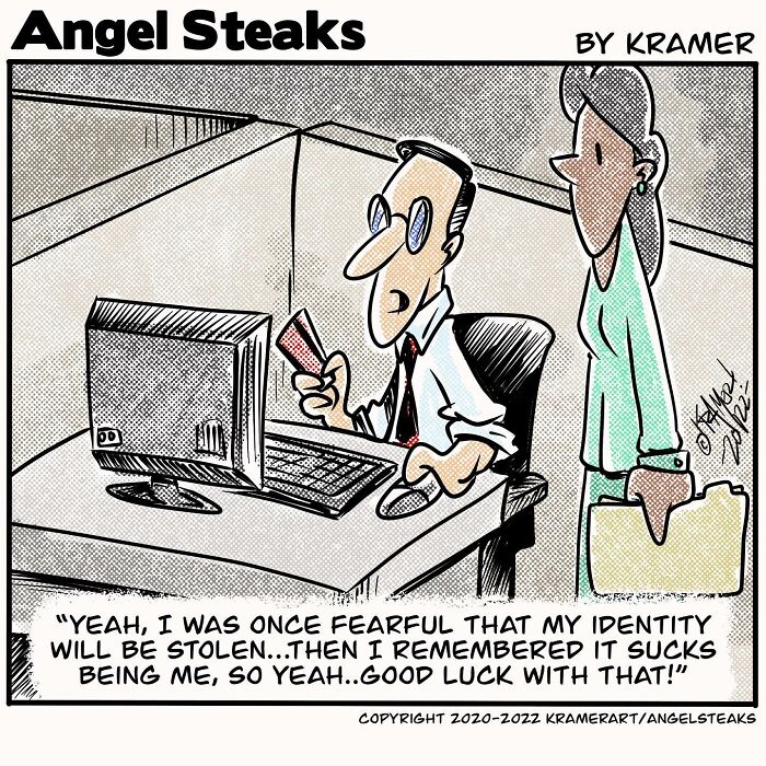 Cartoonist creates single-panel comic with humorous dialogue at office desk.