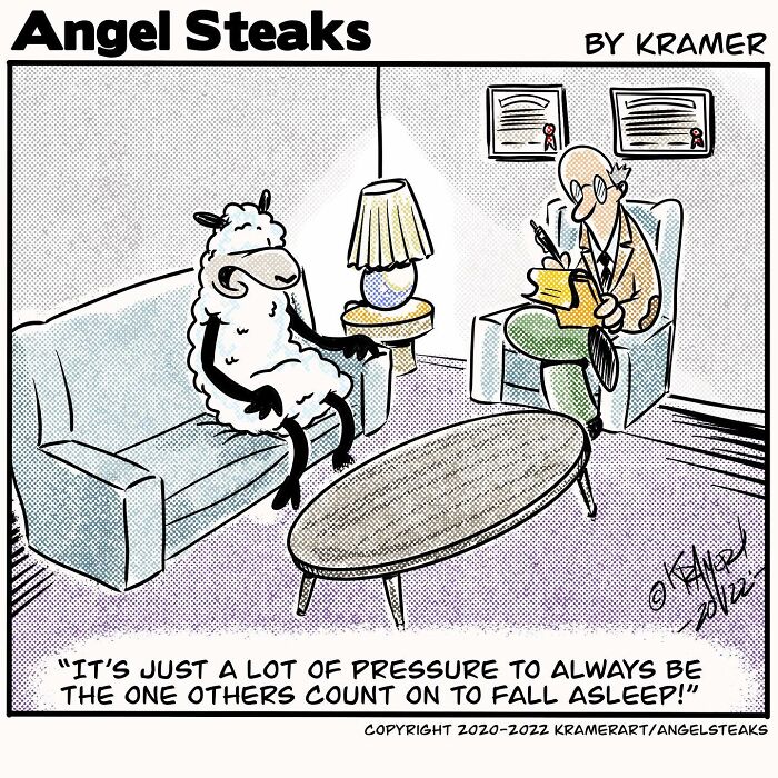 A cartoonist's comic shows a sheep sharing its pressure with a therapist, adding humor in a single-panel setting.