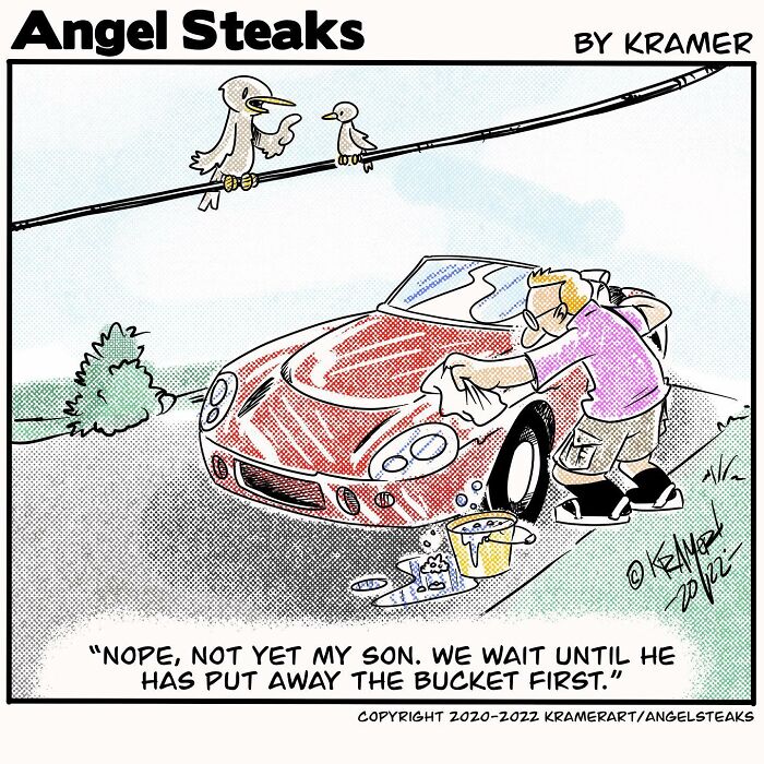 Cartoonist's comic showing a man washing a car while birds humorously watch, adding positive humor.