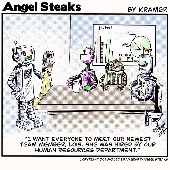 Robots discussing positive humor in a single-panel comic, with a humorous introduction of a new team member named Lois.