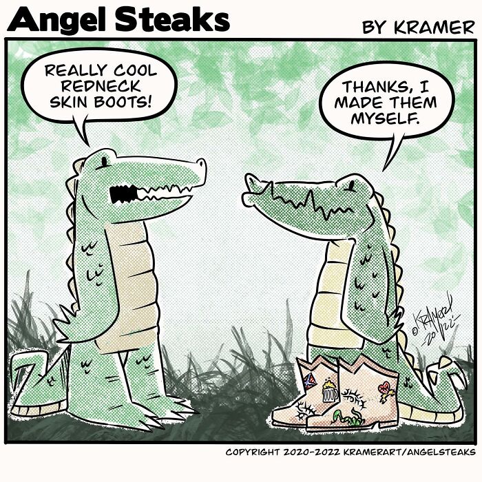 Cartoon of two crocodiles with humorous dialogue about boots, showcasing positive humor.